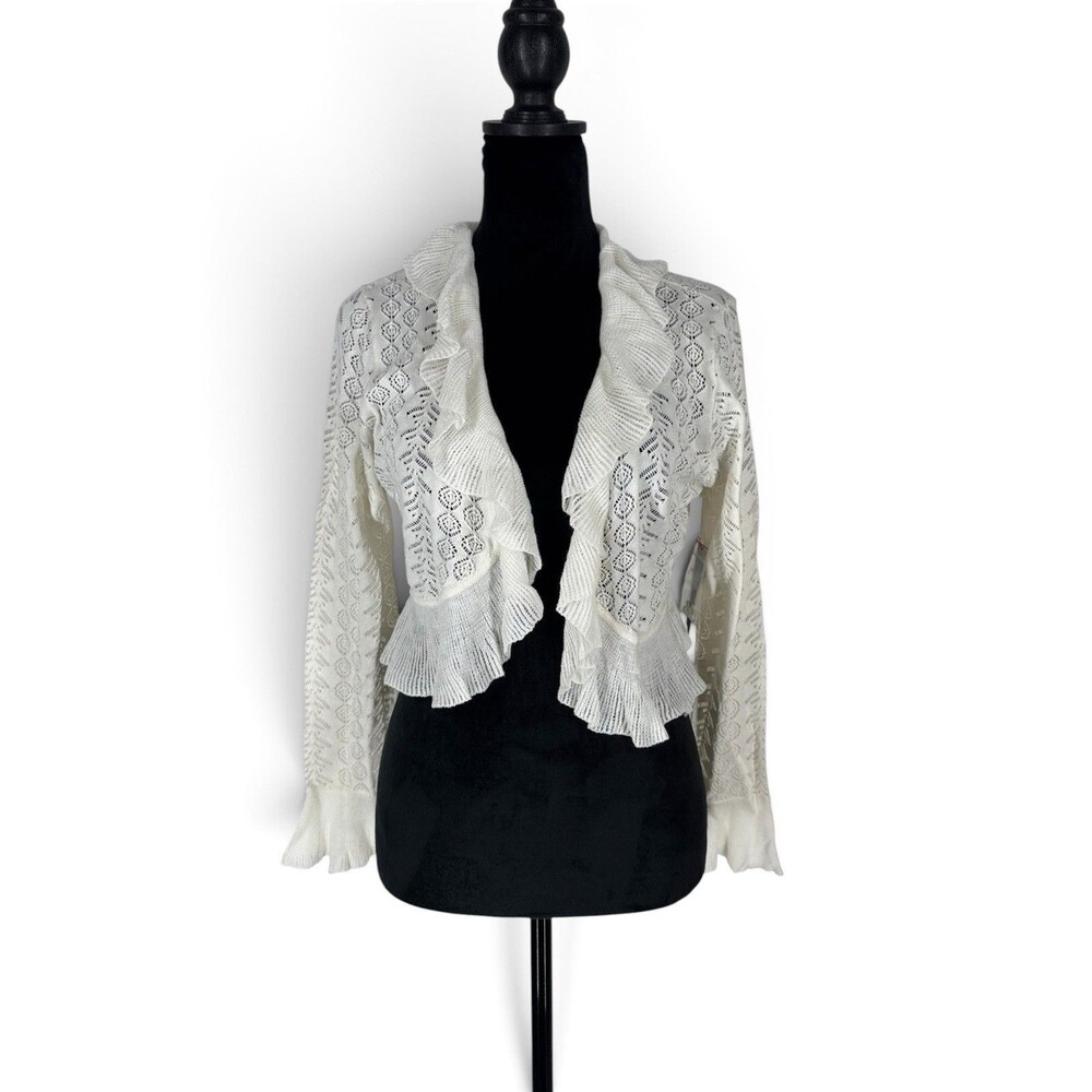 Nic and Zoe NWT Cream White Open Ruffled Pointelle Detail Cardigan Sweater M